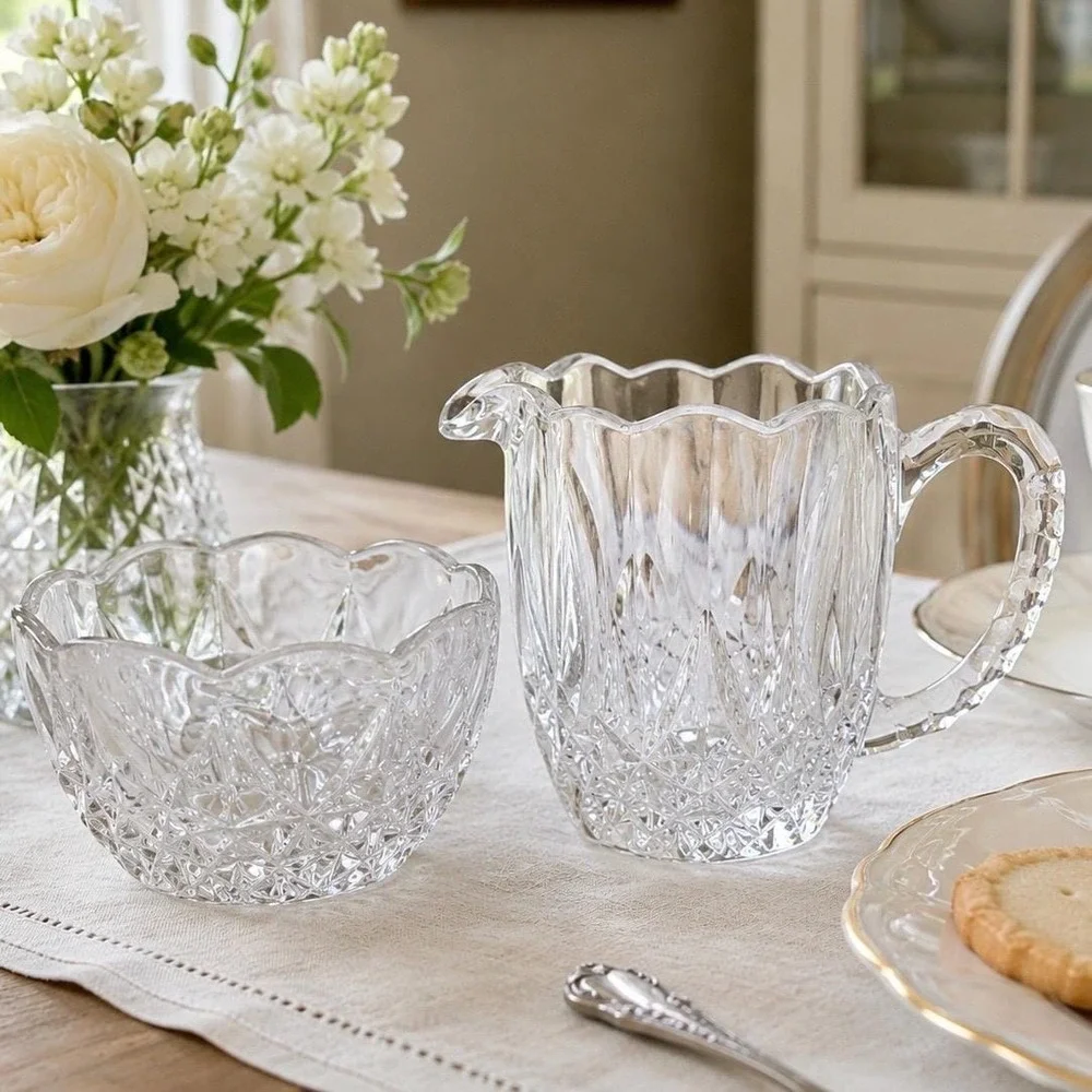 NEW VTG Crystal Creamer and Sugar Bowl Set Elegant Yugoslavia 24% Lead Crystal